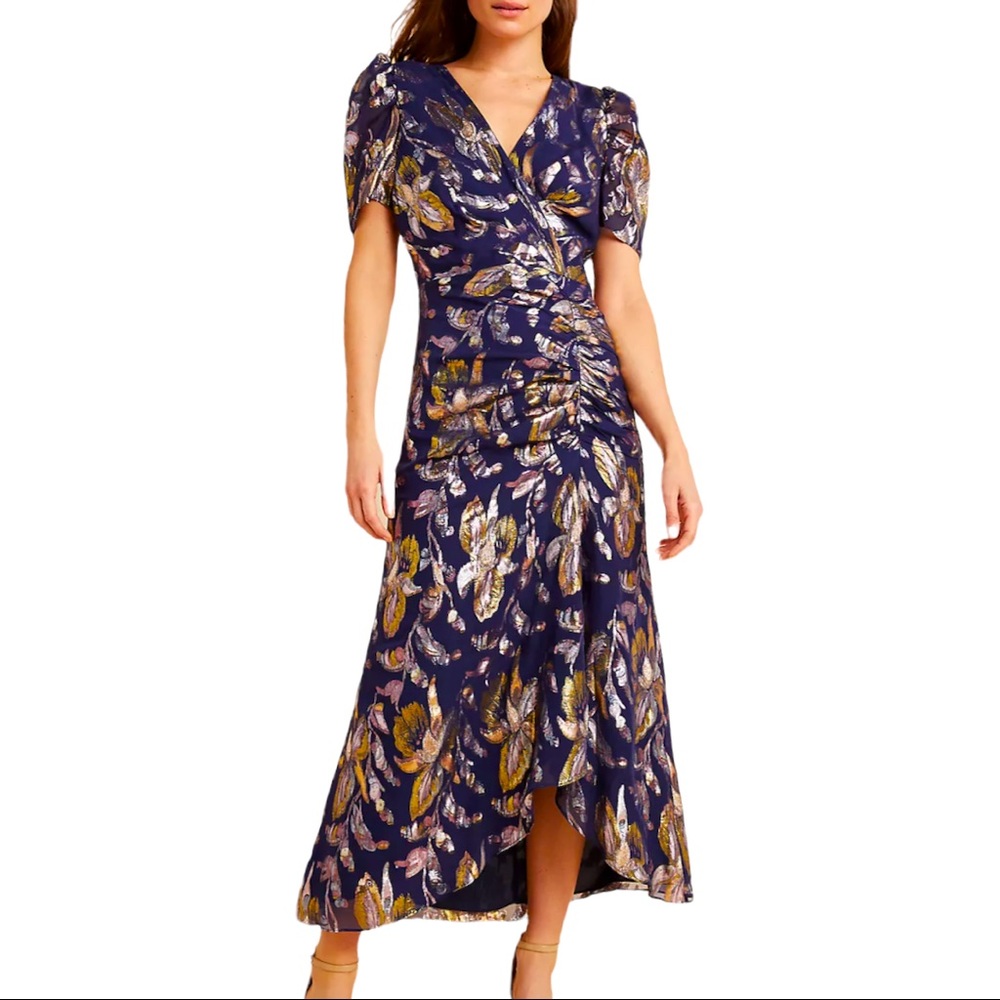 Anthropologie x Shoshanna Chloe 4P Blue Gold Floral Ruched Midi Dress